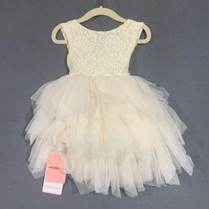 Kismissal Girls Cream Lace Tulle Flower Girl Dress Size 2T NWT Back Bow Formal